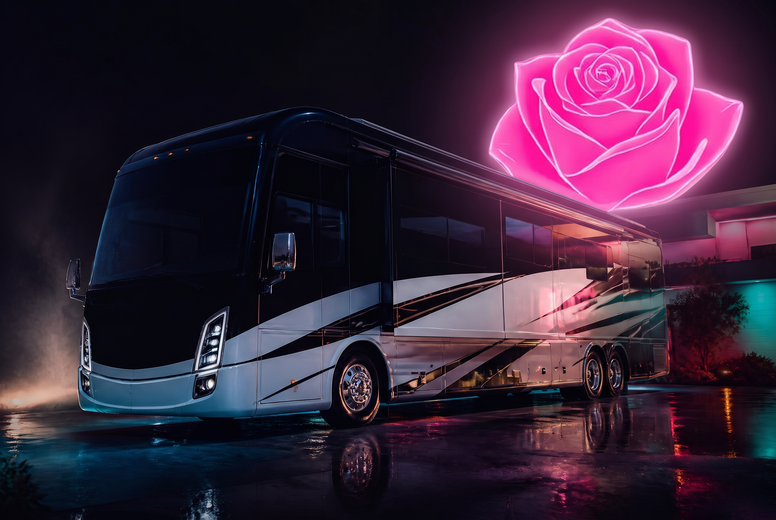 Glossy luxury motorhome detailed to a mirror finish under soft neon light with a glowing pink neon rose in the night sky